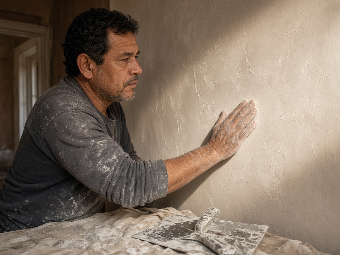 Skim-coated interior wall under raking light